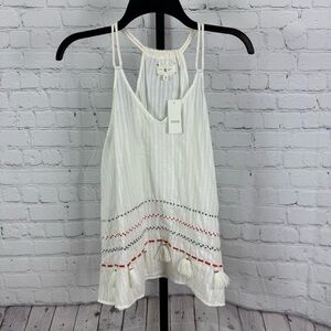 Lou & Grey White Tank Top Tassel Embroidered Details Size Small